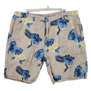 Caribbean Reversible Shorts Mens 40 Linen Blend Floral Blue Beige (37x8)